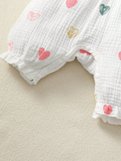 BrownBark 2pcs Baby Girls Spring/Summer Cute Sweet Short Sleeve Romper And Headband, Baby Girls Cute Heart Print With Big Bow Design Romper, Matching Bow Headband, Sweet Princess Style, Suitable For N