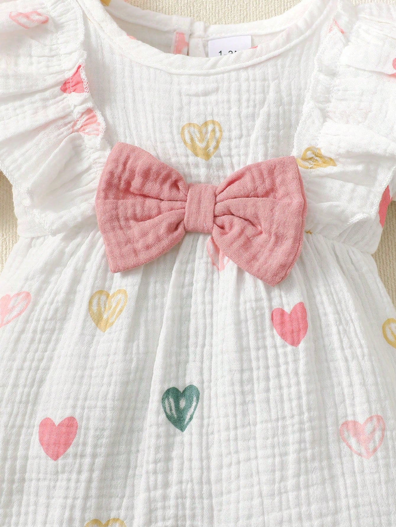 BrownBark 2pcs Baby Girls Spring/Summer Cute Sweet Short Sleeve Romper And Headband, Baby Girls Cute Heart Print With Big Bow Design Romper, Matching Bow Headband, Sweet Princess Style, Suitable For N