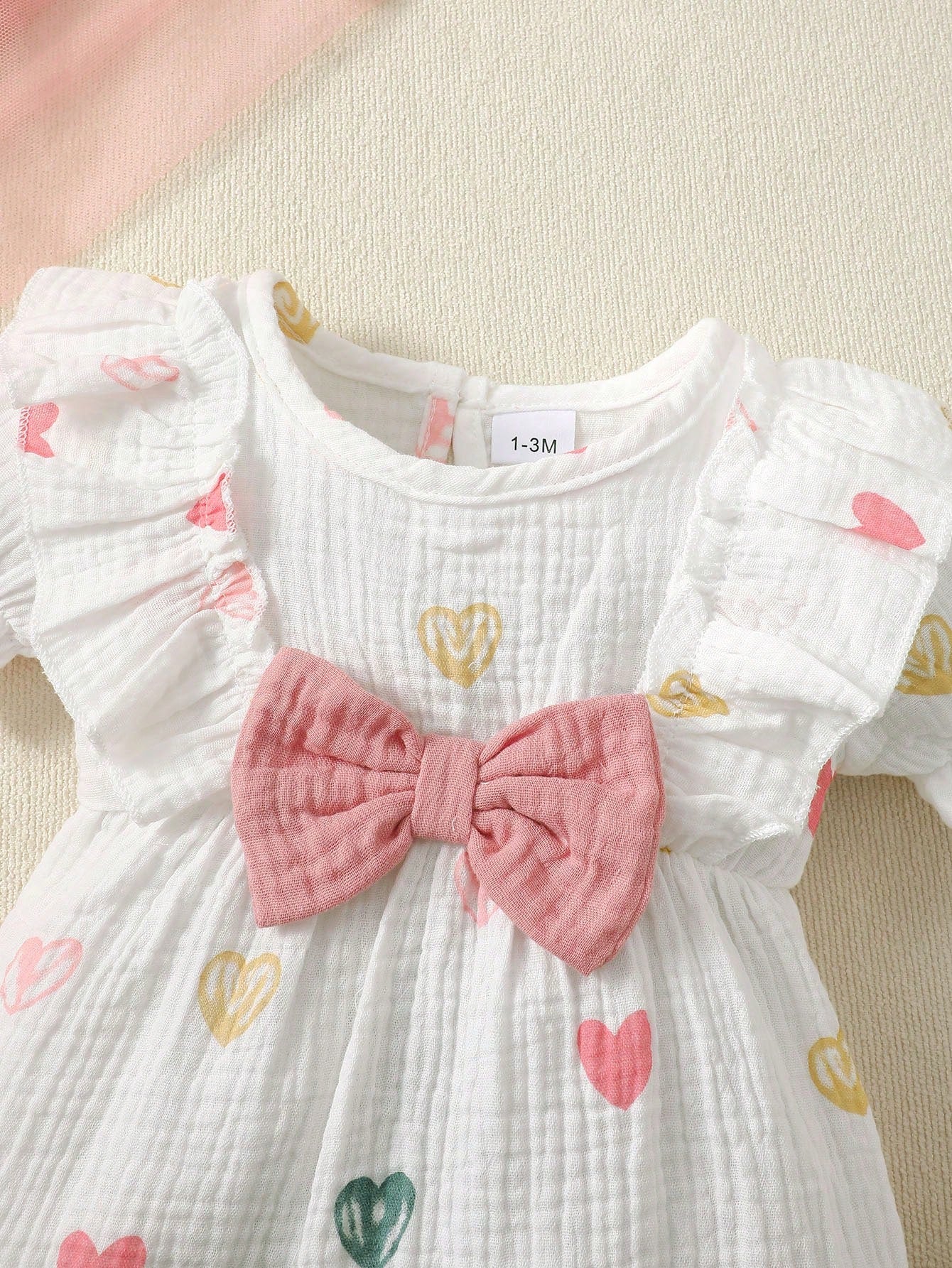 BrownBark 2pcs Baby Girls Spring/Summer Cute Sweet Short Sleeve Romper And Headband, Baby Girls Cute Heart Print With Big Bow Design Romper, Matching Bow Headband, Sweet Princess Style, Suitable For N