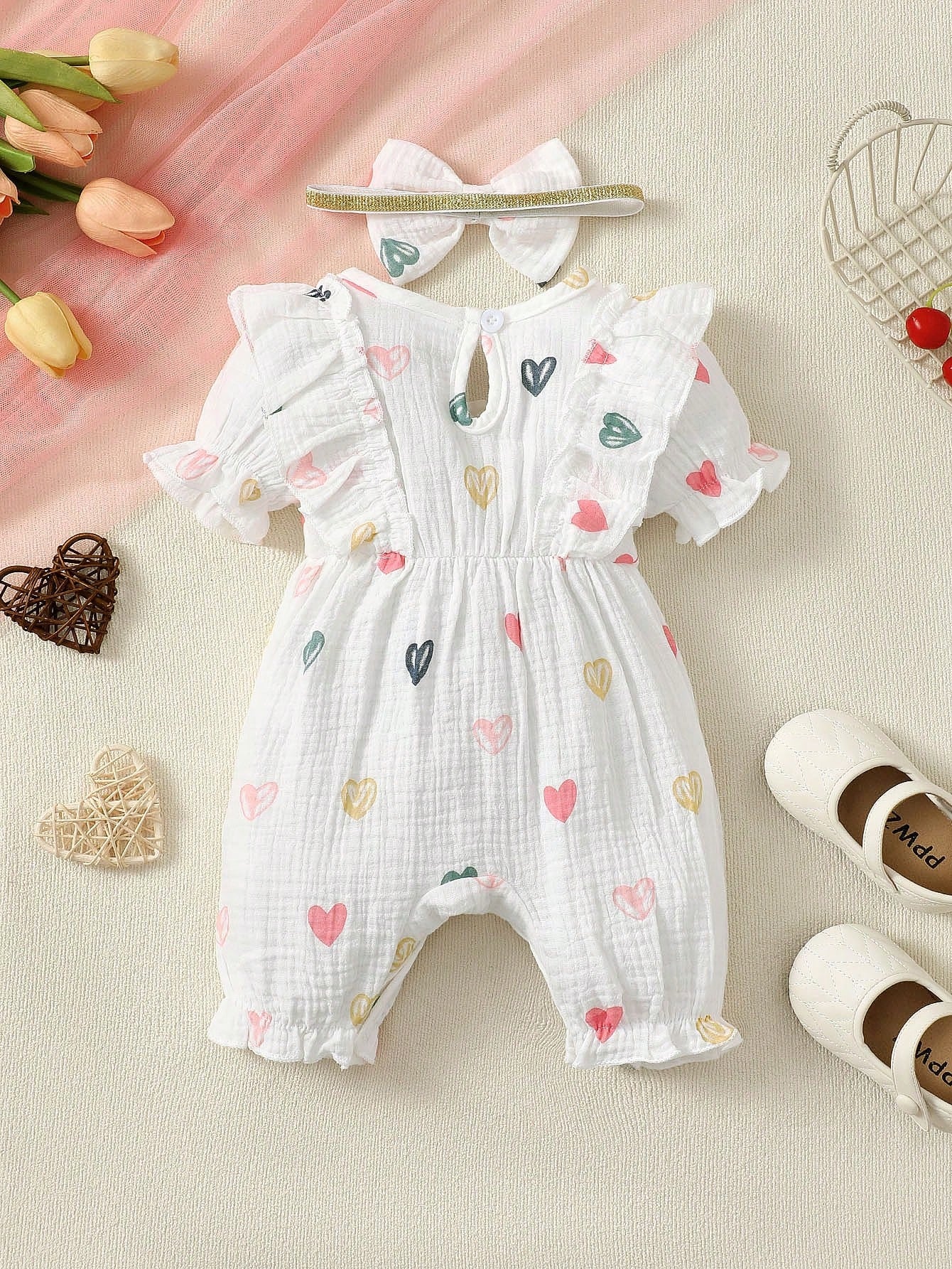 BrownBark 2pcs Baby Girls Spring/Summer Cute Sweet Short Sleeve Romper And Headband, Baby Girls Cute Heart Print With Big Bow Design Romper, Matching Bow Headband, Sweet Princess Style, Suitable For N