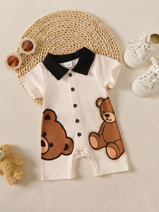 BrownBark Baby Boy Newborn Summer Cute Cartoon Bear Print Short Sleeve Romper, Soft & Comfortable Infant Baby Boy Clothing For Indoor Casual Wear & Outings