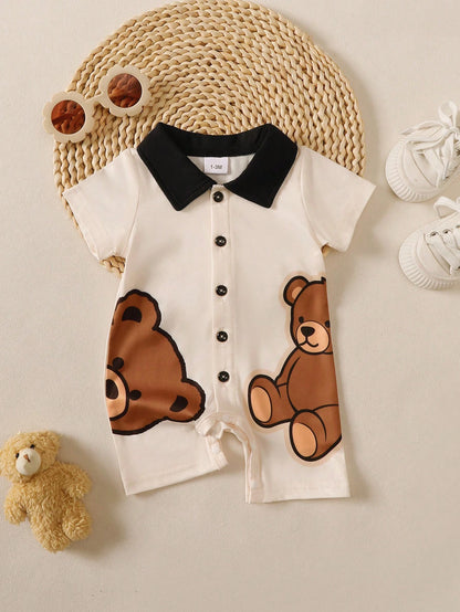 BrownBark Baby Boy Newborn Summer Cute Cartoon Bear Print Short Sleeve Romper, Soft & Comfortable Infant Baby Boy Clothing For Indoor Casual Wear & Outings