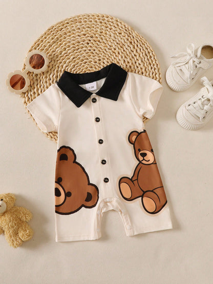 BrownBark Baby Boy Newborn Summer Cute Cartoon Bear Print Short Sleeve Romper, Soft & Comfortable Infant Baby Boy Clothing For Indoor Casual Wear & Outings