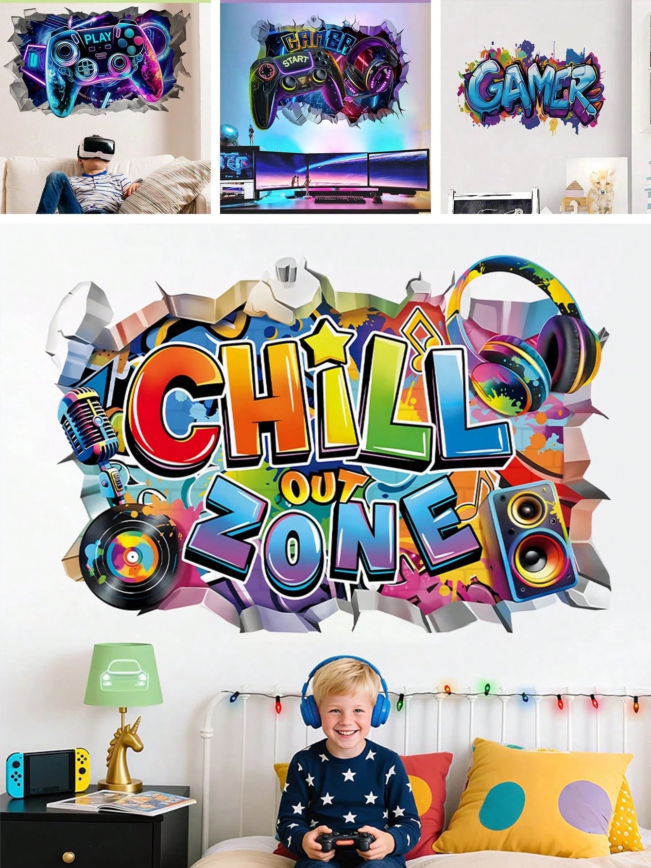 BRUP 1/2 Sheets/Set Broken Wall Graffiti Chill Out Zone Wall Sticker Colorful Gamer Headphones Music Cool Gamepad Wall Decal For Teen Boy Bedroom Game Room Home Decor