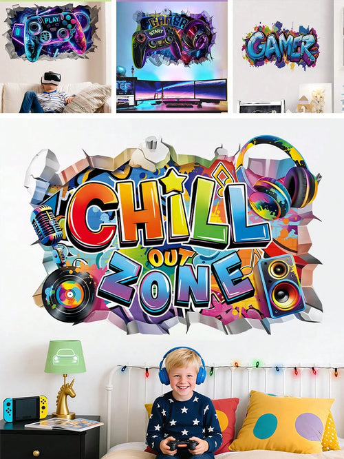 BRUP 1/2 Sheets/Set Broken Wall Graffiti Chill Out Zone Wall Sticker Colorful Gamer Headphones Music Cool Gamepad Wall Decal For Teen Boy Bedroom Game Room Home Decor