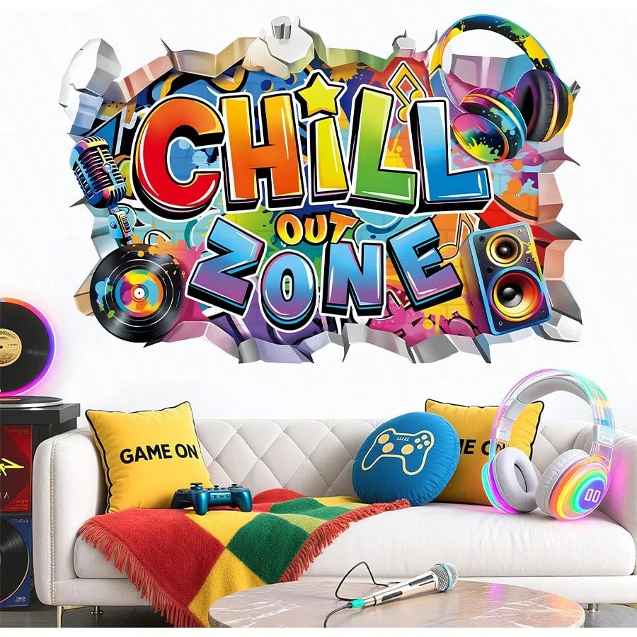 BRUP 1/2 Sheets/Set Broken Wall Graffiti Chill Out Zone Wall Sticker Colorful Gamer Headphones Music Cool Gamepad Wall Decal For Teen Boy Bedroom Game Room Home Decor
