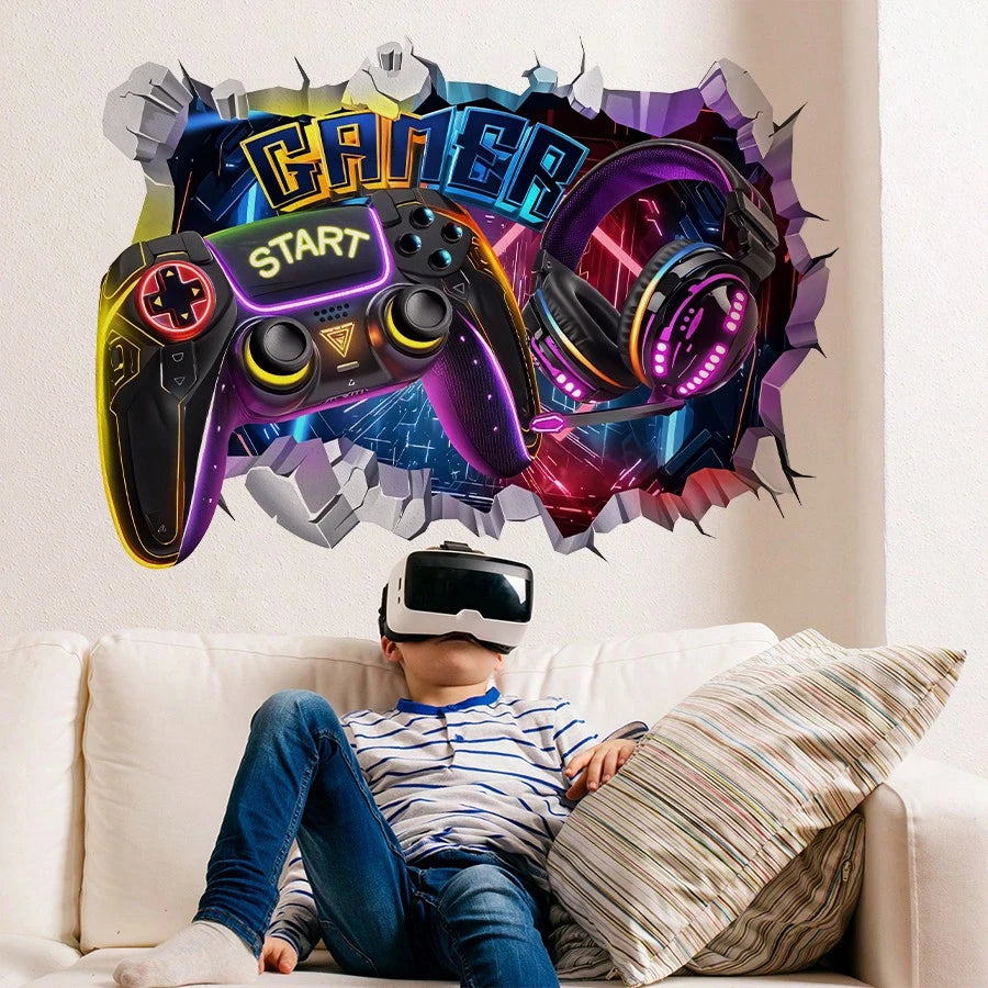 BRUP 1/2 Sheets/Set Broken Wall Graffiti Chill Out Zone Wall Sticker Colorful Gamer Headphones Music Cool Gamepad Wall Decal For Teen Boy Bedroom Game Room Home Decor