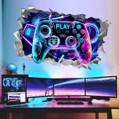 BRUP 1/2 Sheets/Set Broken Wall Graffiti Chill Out Zone Wall Sticker Colorful Gamer Headphones Music Cool Gamepad Wall Decal For Teen Boy Bedroom Game Room Home Decor