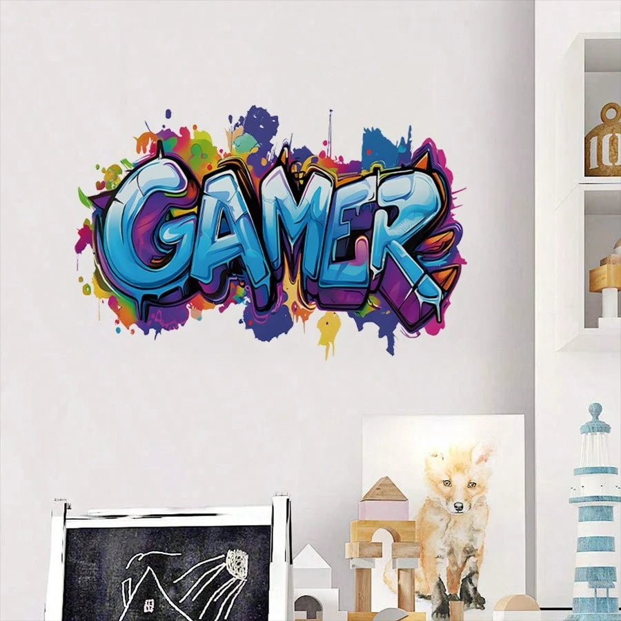 BRUP 1/2 Sheets/Set Broken Wall Graffiti Chill Out Zone Wall Sticker Colorful Gamer Headphones Music Cool Gamepad Wall Decal For Teen Boy Bedroom Game Room Home Decor