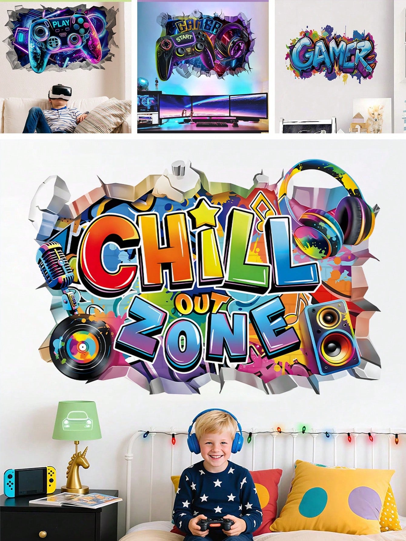 BRUP 1/2 Sheets/Set Broken Wall Graffiti Chill Out Zone Wall Sticker Colorful Gamer Headphones Music Cool Gamepad Wall Decal For Teen Boy Bedroom Game Room Home Decor