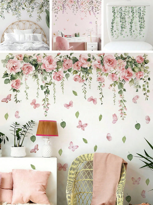 BRUP 1/2 Sheets/Set Pink Rose & Butterfly Wall Stickers, Whimsical Floral Vines With Flying Butterflies For Girl's Bedroom Living Room Kitchen Decor, Removable Peel And Stick, Spring Summer Cottagecor