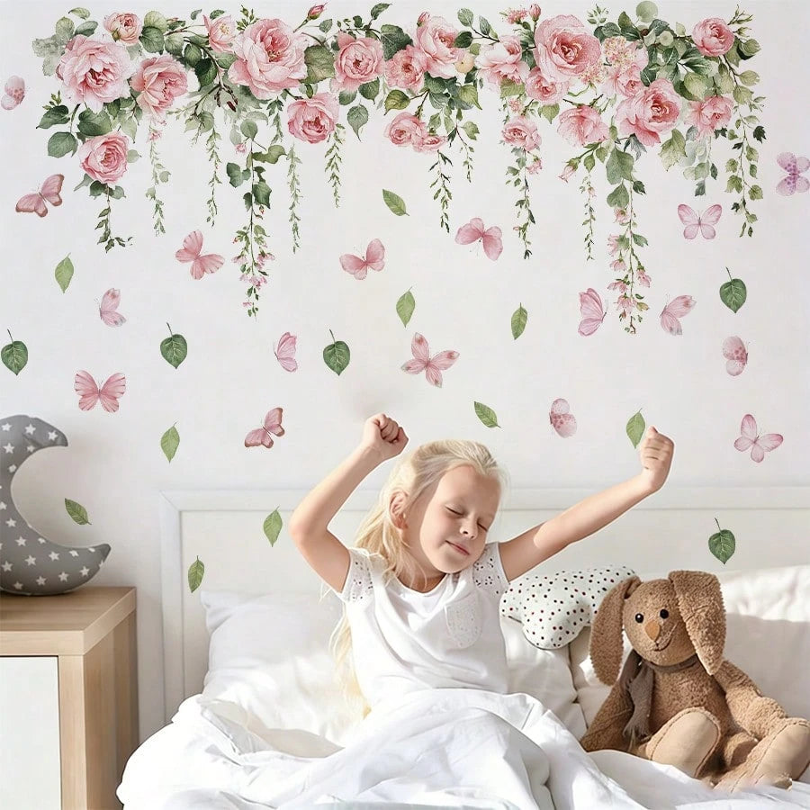 BRUP 1/2 Sheets/Set Pink Rose & Butterfly Wall Stickers, Whimsical Floral Vines With Flying Butterflies For Girl's Bedroom Living Room Kitchen Decor, Removable Peel And Stick, Spring Summer Cottagecor