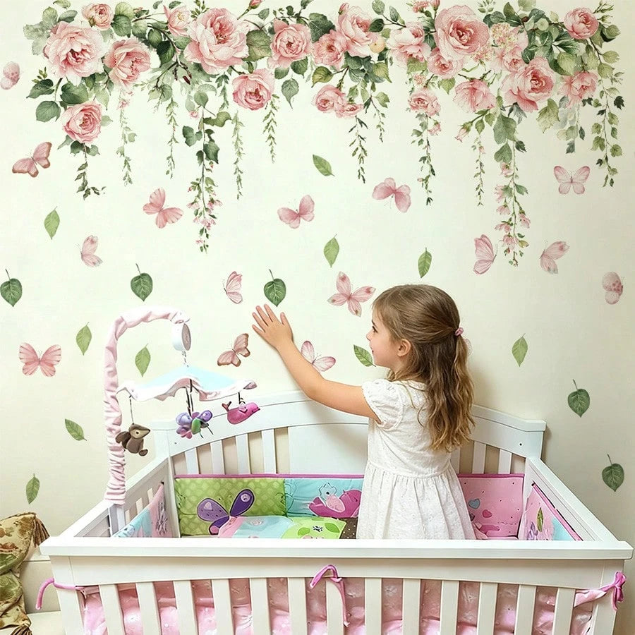 BRUP 1/2 Sheets/Set Pink Rose & Butterfly Wall Stickers, Whimsical Floral Vines With Flying Butterflies For Girl's Bedroom Living Room Kitchen Decor, Removable Peel And Stick, Spring Summer Cottagecor
