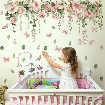 BRUP 1/2 Sheets/Set Pink Rose & Butterfly Wall Stickers, Whimsical Floral Vines With Flying Butterflies For Girl's Bedroom Living Room Kitchen Decor, Removable Peel And Stick, Spring Summer Cottagecor