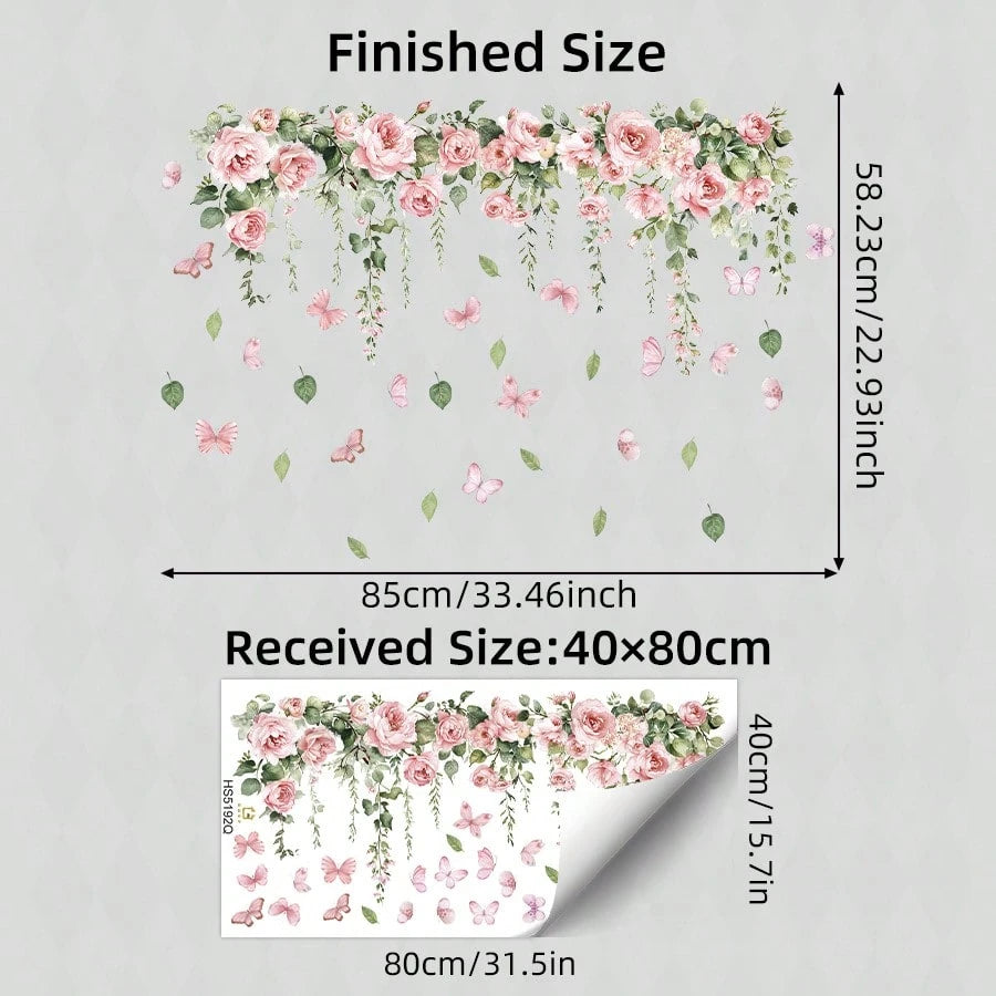 BRUP 1/2 Sheets/Set Pink Rose & Butterfly Wall Stickers, Whimsical Floral Vines With Flying Butterflies For Girl's Bedroom Living Room Kitchen Decor, Removable Peel And Stick, Spring Summer Cottagecor