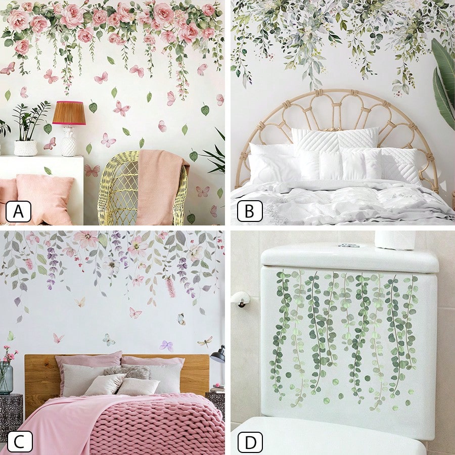 BRUP 1/2 Sheets/Set Pink Rose & Butterfly Wall Stickers, Whimsical Floral Vines With Flying Butterflies For Girl's Bedroom Living Room Kitchen Decor, Removable Peel And Stick, Spring Summer Cottagecor