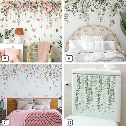 BRUP 1/2 Sheets/Set Pink Rose & Butterfly Wall Stickers, Whimsical Floral Vines With Flying Butterflies For Girl's Bedroom Living Room Kitchen Decor, Removable Peel And Stick, Spring Summer Cottagecor