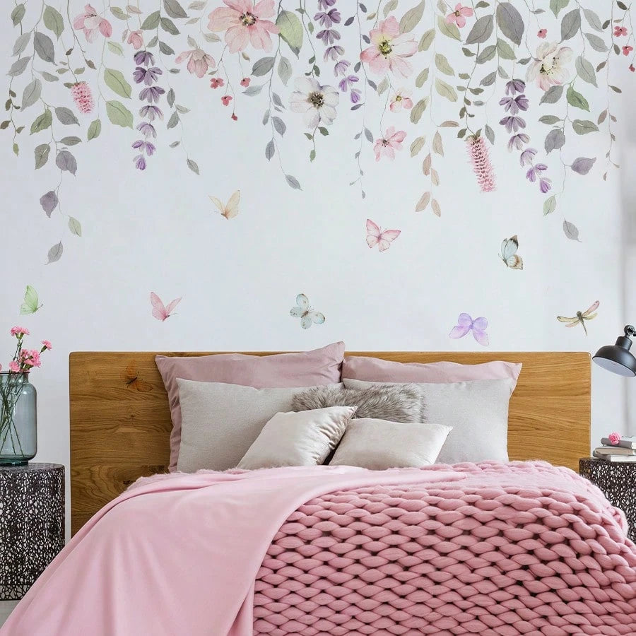 BRUP 1/2 Sheets/Set Pink Rose & Butterfly Wall Stickers, Whimsical Floral Vines With Flying Butterflies For Girl's Bedroom Living Room Kitchen Decor, Removable Peel And Stick, Spring Summer Cottagecor