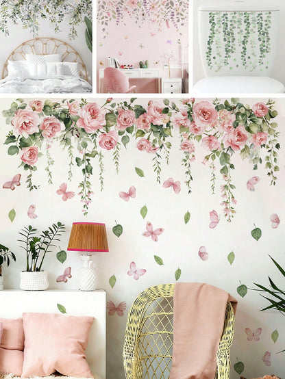 BRUP 1/2 Sheets/Set Pink Rose & Butterfly Wall Stickers, Whimsical Floral Vines With Flying Butterflies For Girl's Bedroom Living Room Kitchen Decor, Removable Peel And Stick, Spring Summer Cottagecor