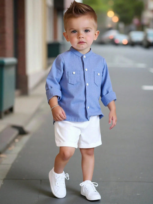 Bubblio 2pcs/Set Baby Boy Casual Urban Style Blue Summer Family Matching Long Sleeve Mandarin Collar Shirt,Elastic Waist Shorts Set For Birthday Wedding,Party