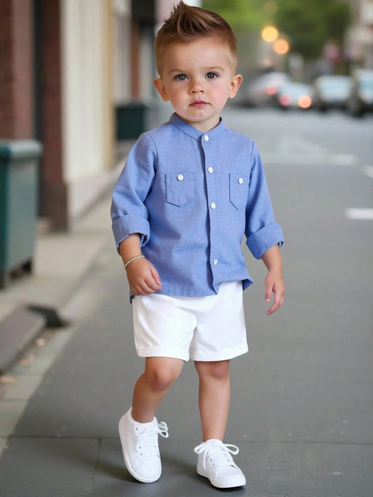 Bubblio 2pcs/Set Baby Boy Casual Urban Style Blue Summer Family Matching Long Sleeve Mandarin Collar Shirt,Elastic Waist Shorts Set For Birthday Wedding,Party