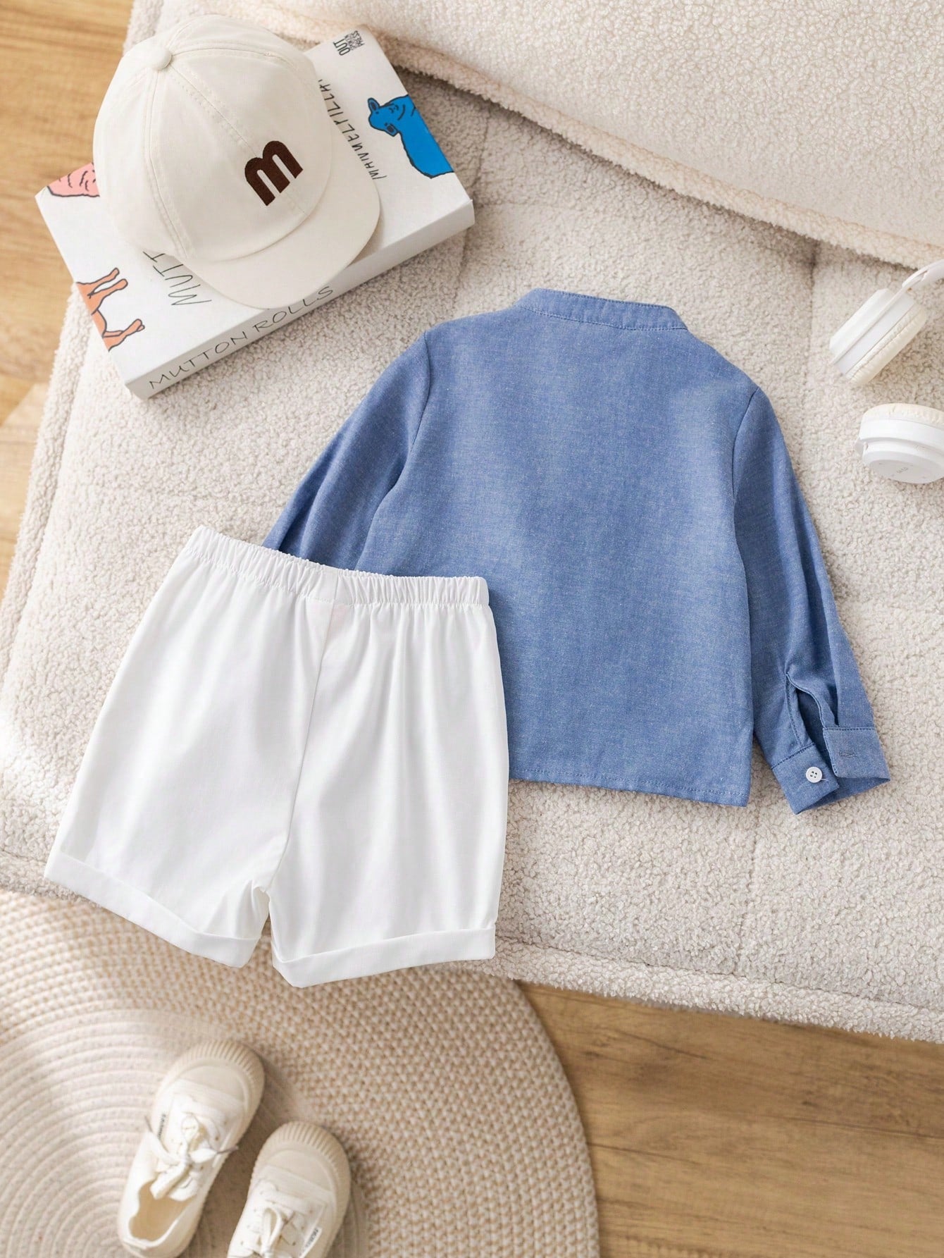 Bubblio 2pcs/Set Baby Boy Casual Urban Style Blue Summer Family Matching Long Sleeve Mandarin Collar Shirt,Elastic Waist Shorts Set For Birthday Wedding,Party