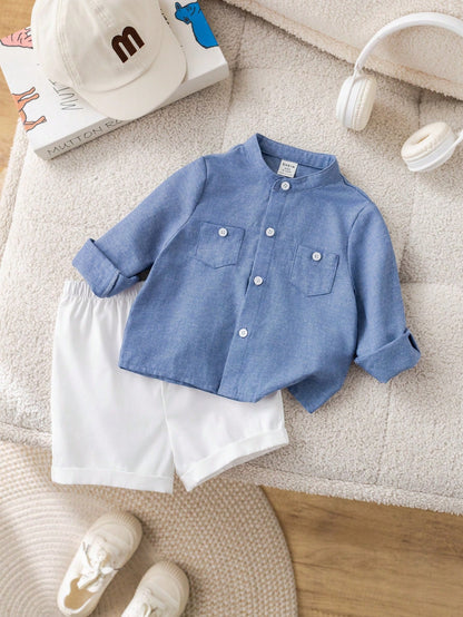 Bubblio 2pcs/Set Baby Boy Casual Urban Style Blue Summer Family Matching Long Sleeve Mandarin Collar Shirt,Elastic Waist Shorts Set For Birthday Wedding,Party