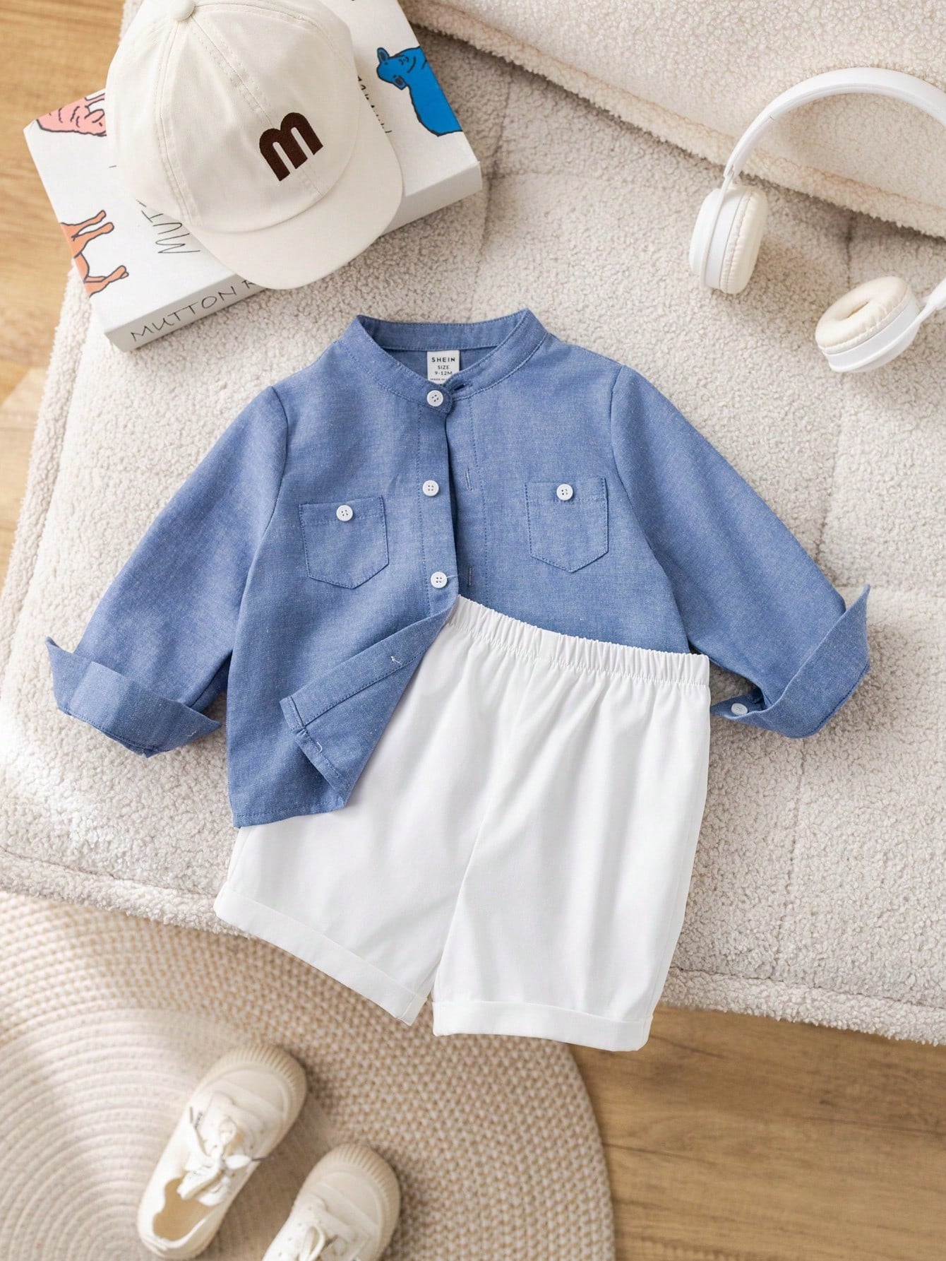 Bubblio 2pcs/Set Baby Boy Casual Urban Style Blue Summer Family Matching Long Sleeve Mandarin Collar Shirt,Elastic Waist Shorts Set For Birthday Wedding,Party