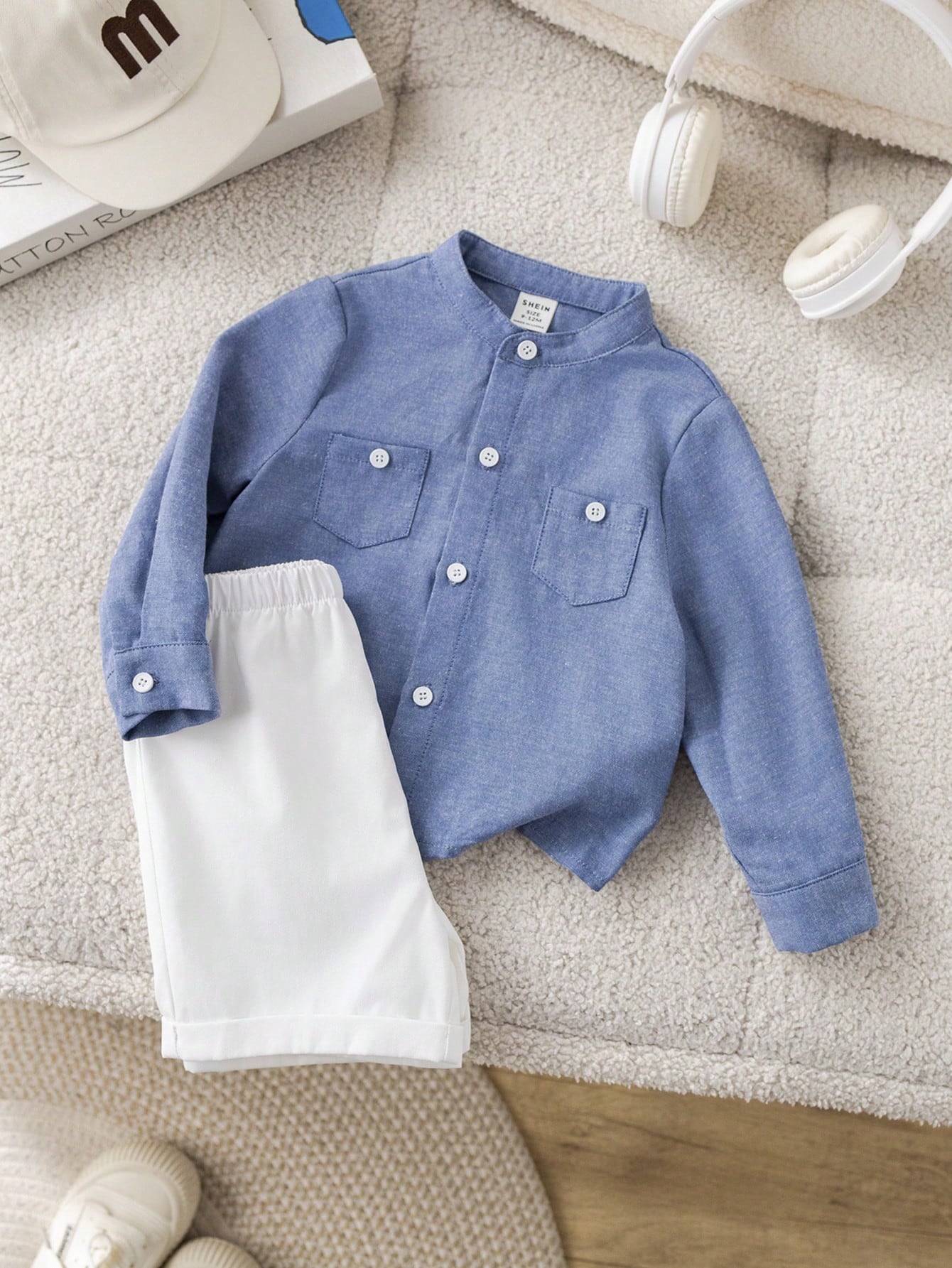 Bubblio 2pcs/Set Baby Boy Casual Urban Style Blue Summer Family Matching Long Sleeve Mandarin Collar Shirt,Elastic Waist Shorts Set For Birthday Wedding,Party