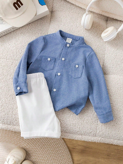 Bubblio 2pcs/Set Baby Boy Casual Urban Style Blue Summer Family Matching Long Sleeve Mandarin Collar Shirt,Elastic Waist Shorts Set For Birthday Wedding,Party
