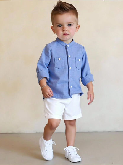 Bubblio 2pcs/Set Baby Boy Casual Urban Style Blue Summer Family Matching Long Sleeve Mandarin Collar Shirt,Elastic Waist Shorts Set For Birthday Wedding,Party