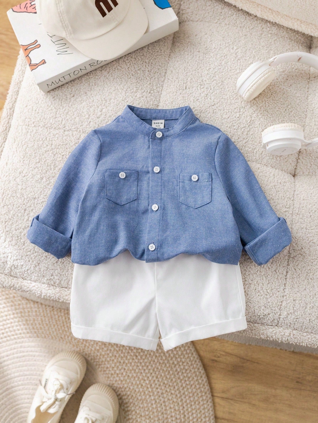 Bubblio 2pcs/Set Baby Boy Casual Urban Style Blue Summer Family Matching Long Sleeve Mandarin Collar Shirt,Elastic Waist Shorts Set For Birthday Wedding,Party