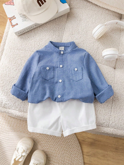 Bubblio 2pcs/Set Baby Boy Casual Urban Style Blue Summer Family Matching Long Sleeve Mandarin Collar Shirt,Elastic Waist Shorts Set For Birthday Wedding,Party
