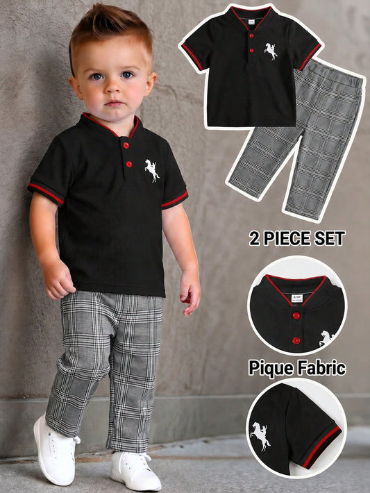 Bubblio 2pcs/Set Baby Boy Cute Urban College Modest Short Sleeve Polo Shirt Elastic Waist Plaid Long Pants Outfit, Suitable For Birthday Party, Performance