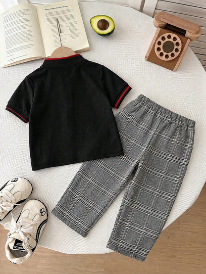 Bubblio 2pcs/Set Baby Boy Cute Urban College Modest Short Sleeve Polo Shirt Elastic Waist Plaid Long Pants Outfit, Suitable For Birthday Party, Performance