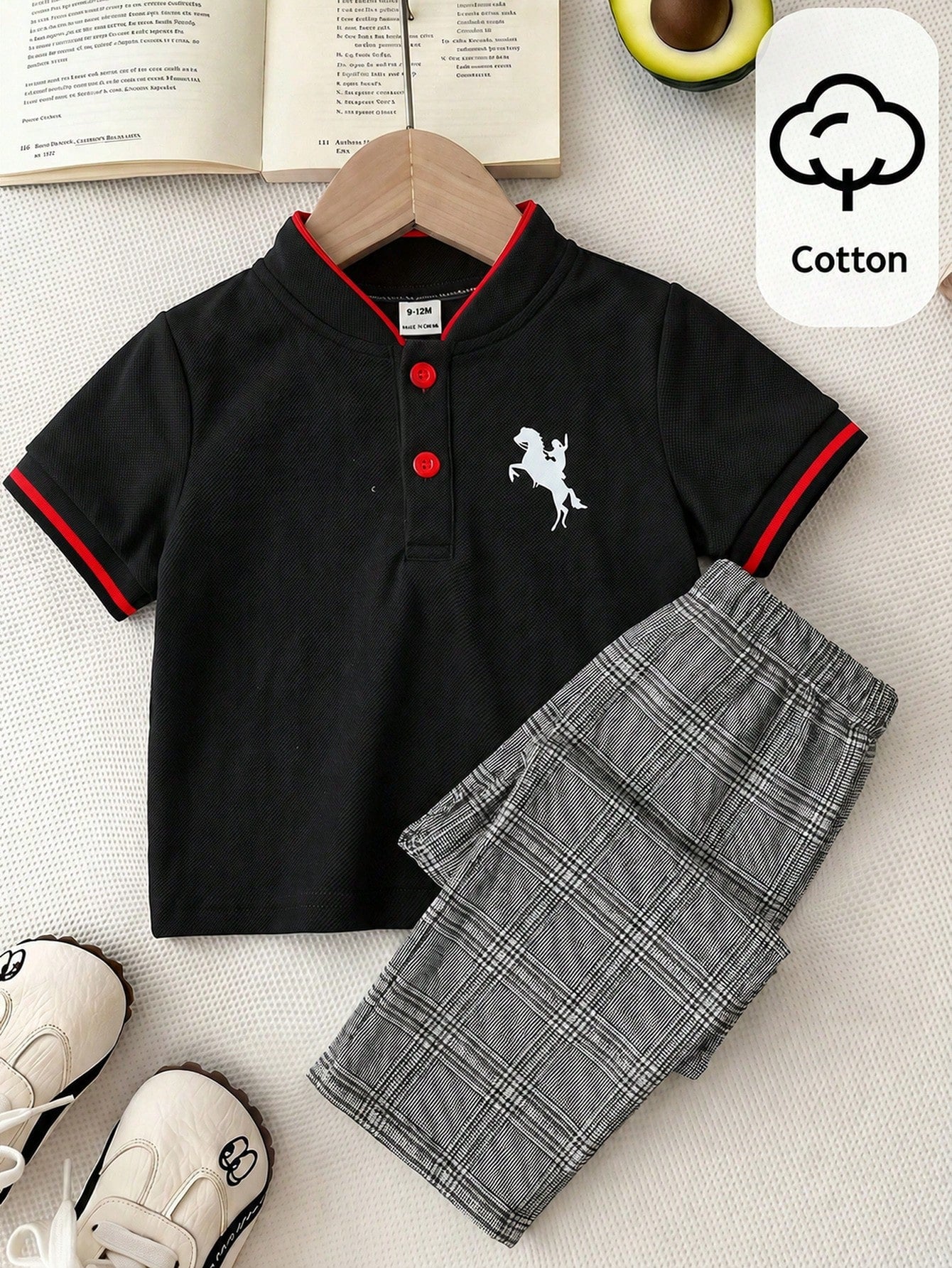 Bubblio 2pcs/Set Baby Boy Cute Urban College Modest Short Sleeve Polo Shirt Elastic Waist Plaid Long Pants Outfit, Suitable For Birthday Party, Performance