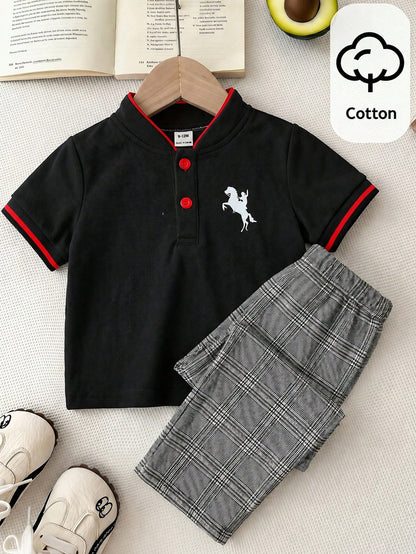 Bubblio 2pcs/Set Baby Boy Cute Urban College Modest Short Sleeve Polo Shirt Elastic Waist Plaid Long Pants Outfit, Suitable For Birthday Party, Performance