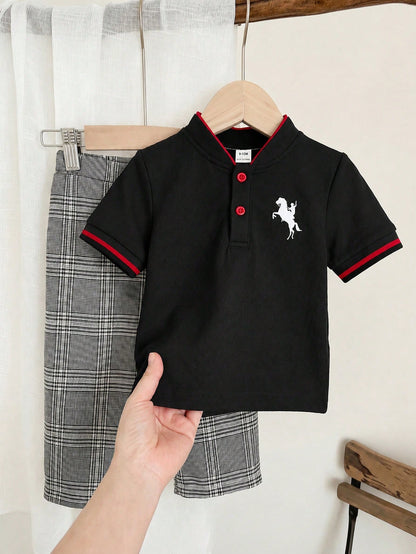 Bubblio 2pcs/Set Baby Boy Cute Urban College Modest Short Sleeve Polo Shirt Elastic Waist Plaid Long Pants Outfit, Suitable For Birthday Party, Performance