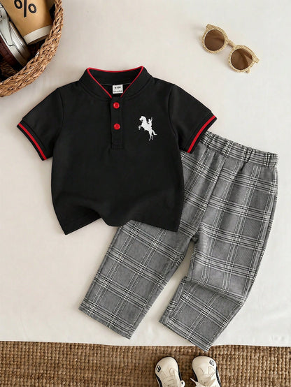 Bubblio 2pcs/Set Baby Boy Cute Urban College Modest Short Sleeve Polo Shirt Elastic Waist Plaid Long Pants Outfit, Suitable For Birthday Party, Performance