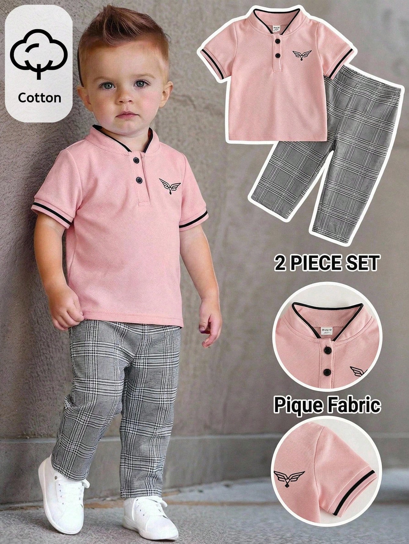 Bubblio 2pcs/Set Baby Boy Cute Urban College Modest Short Sleeve Polo Shirt Elastic Waist Plaid Long Pants Outfit, Suitable For Birthday Party, Performance