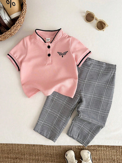 Bubblio 2pcs/Set Baby Boy Cute Urban College Modest Short Sleeve Polo Shirt Elastic Waist Plaid Long Pants Outfit, Suitable For Birthday Party, Performance