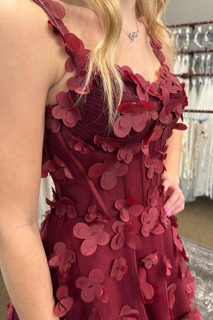 Burgundy 3D Flowers A-line Long Formal Gown