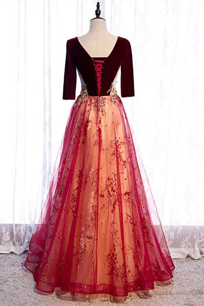 Burgundy A-line Gold Beaded Long Evening Dress