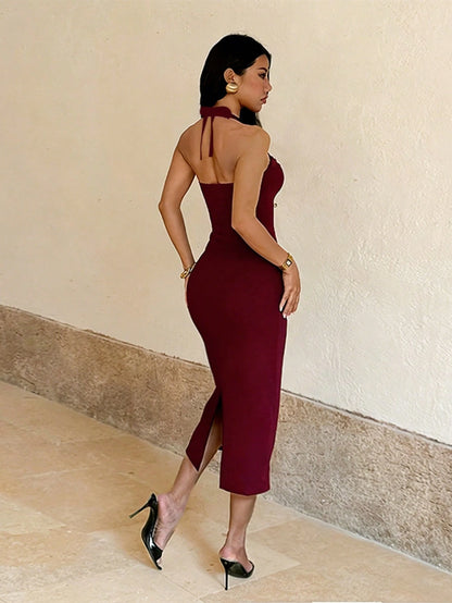 Burgundy Elegant Knit Halter Mid-Length Dress, Lace Patchwork Slit Slim Fit Dress, Suitable For Summer, Wedding, Date, Birthday, Vacation, Daily Outings, Autumn