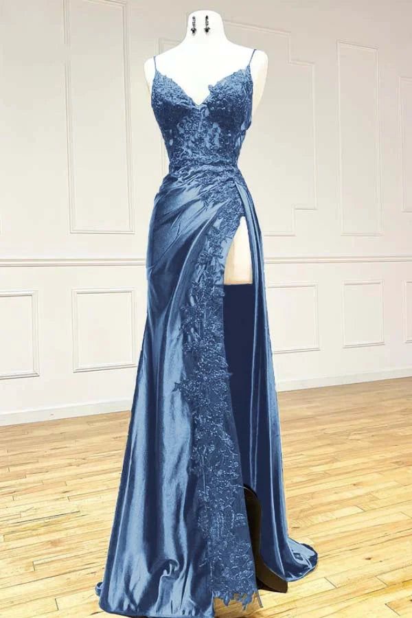 Burgundy Mermaid Appliques Long Prom Dresses Spaghetti Straps Evening Party Dress With Slit,AST2102
