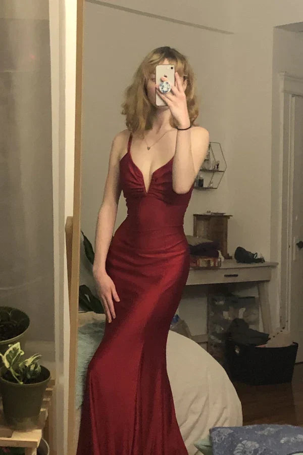 Burgundy Mermaid Prom Dress, Tie Up Back Long Party Gown, AST1033