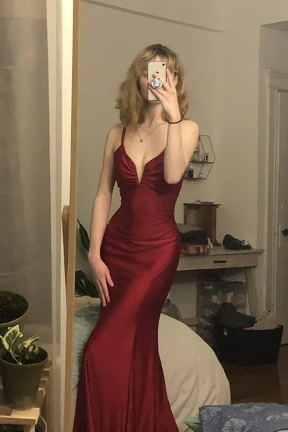 Burgundy Mermaid Prom Dress, Tie Up Back Long Party Gown, AST1033