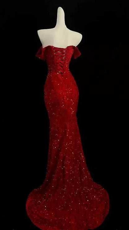 Burgundy Red Sequin Mermaid Prom Dresses Long Evening Party Dress,AST2131