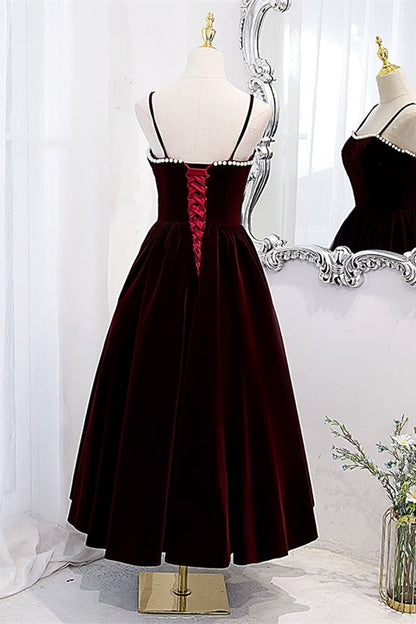 Burgundy Velvet A-line Midi Dress with Spaghetti Straps