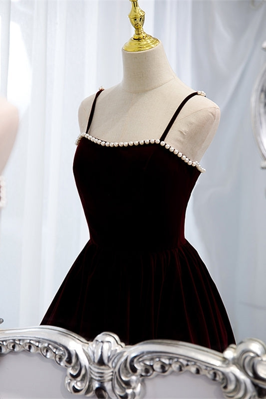 Burgundy Velvet A-line Midi Dress with Spaghetti Straps